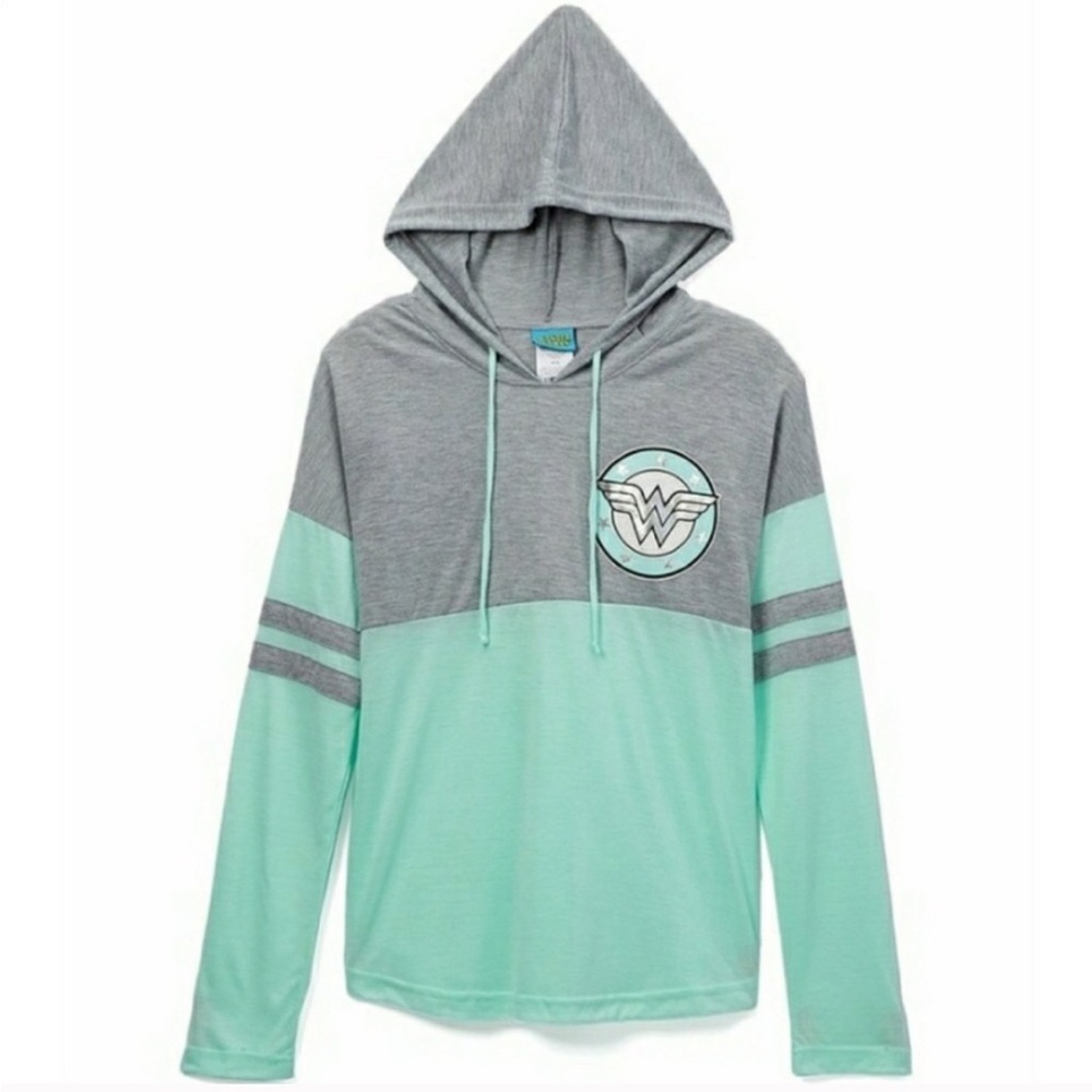Graphic Print DC Comics Wonder Woman Gray & Teal Blue Lightweight Hoodie Size XL